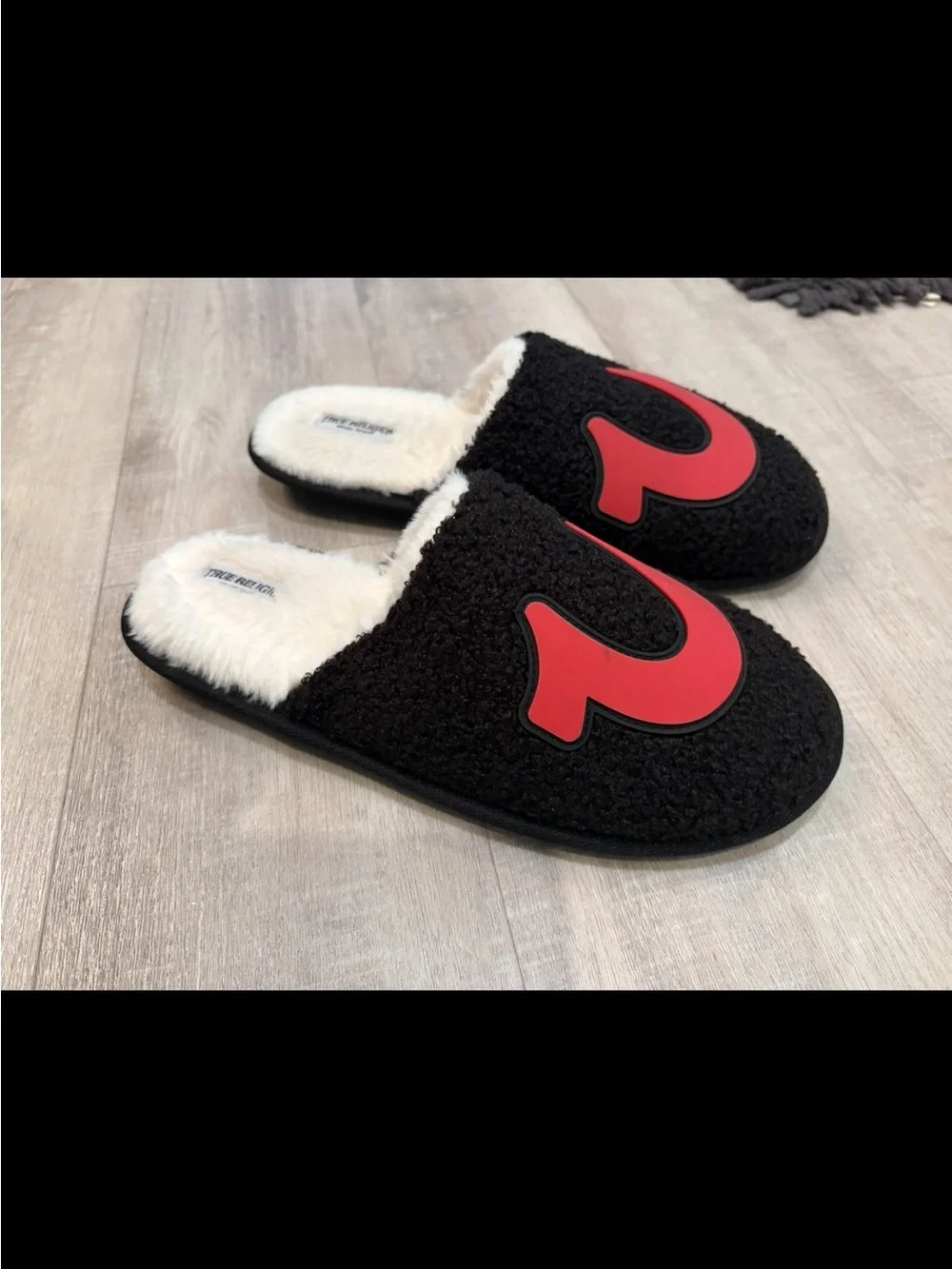 True Religion Black Sherpa Slippers with Red Horseshoe Accent